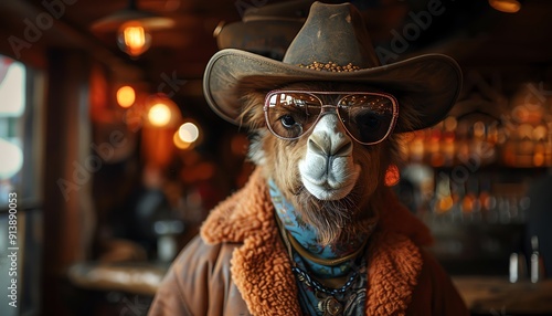 Stylish camel in a cowboy hat and sunglasses, bar setting with warm lighting