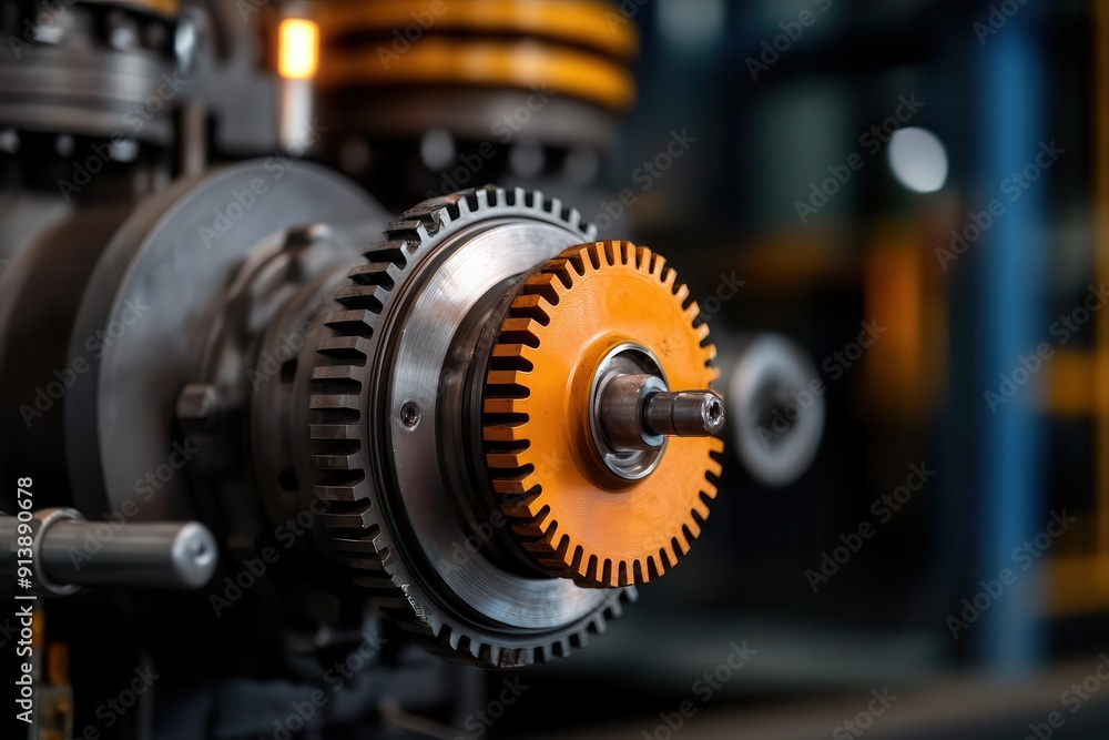 Close-up of a mechanical gear highlighting intricate design and engineering in a modern industrial setting. Close-up of a mechanical gear highlighting intricate design and engineering in a modern industrial setting.