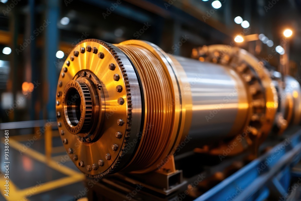 Close-up of a shiny, industrial motor component in a factory setting, showcasing precision engineering and intricate details. Close-up of a shiny, industrial motor component in a factory setting, showcasing precision engineering and intricate details.