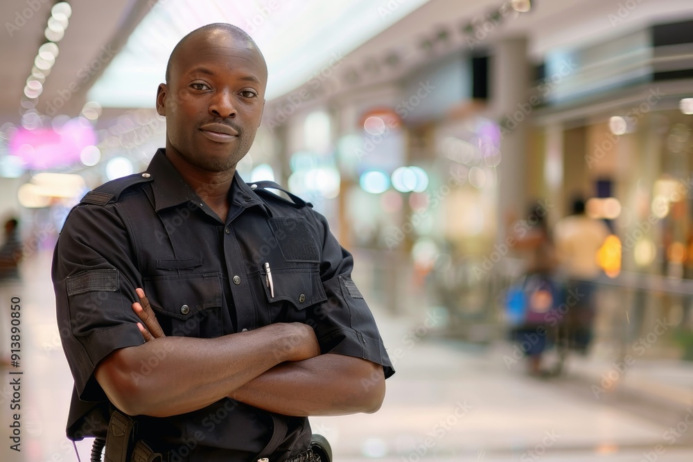 Naklejka premium A security guard with uniform standing in a shopping centre at work.