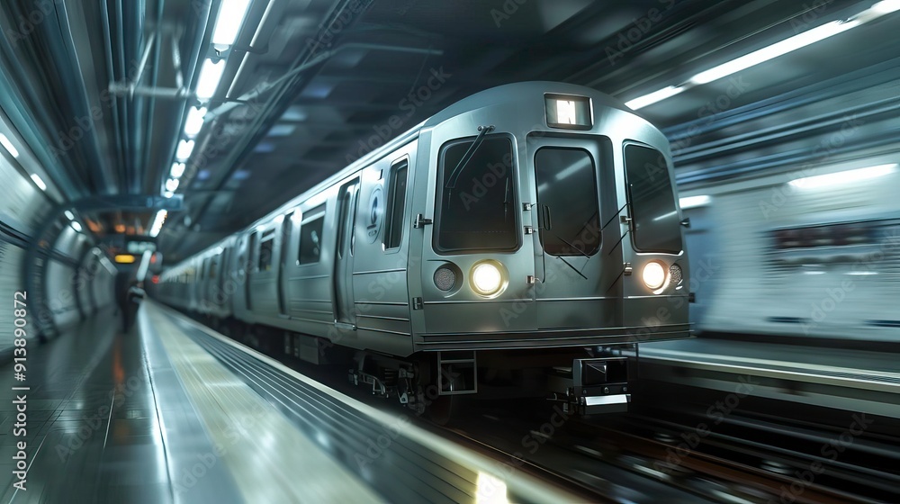 A sleek subway train navigating through a modern underground tunnel, showcasing urban transportation efficiency and design. A sleek subway train navigating through a modern underground tunnel, showcasing urban transportation efficiency and design.