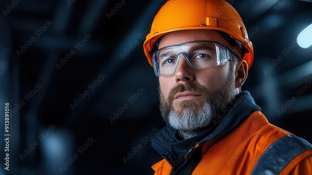 Portrait of a construction worker wearing safety gear, featuring an orange helmet and glasses in an industrial setting. Portrait of a construction worker wearing safety gear, featuring an orange helmet and glasses in an industrial setting.