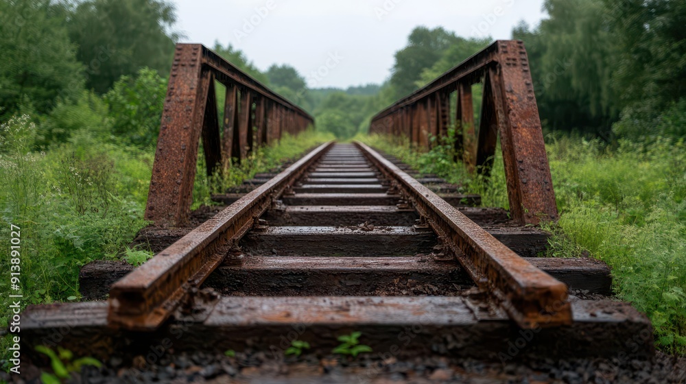 Rusty railway track stretching into the green wilderness under a cloudy sky, symbolizing abandonment and nature's reclaiming. Rusty railway track stretching into the green wilderness under a cloudy sky, symbolizing abandonment and nature's reclaiming.