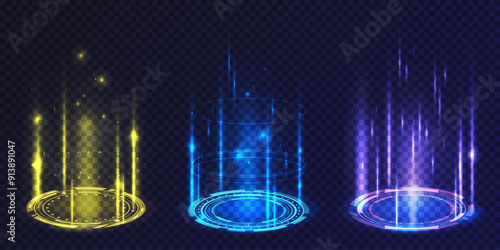 Set of vector portal or magic podium effect. Round or circle teleport. Glowing hologram or vortex with ray. Shining sci fi element. Ring for game level up effect. Isolated light. Platform beam