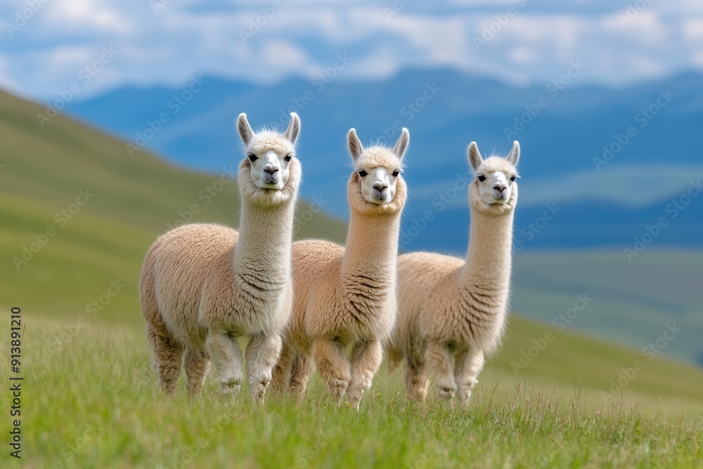 Three adorable llamas stand on a lush green hillside, against a backdrop of majestic mountains and a bright blue sky. Three adorable llamas stand on a lush green hillside, against a backdrop of majestic mountains and a bright blue sky.