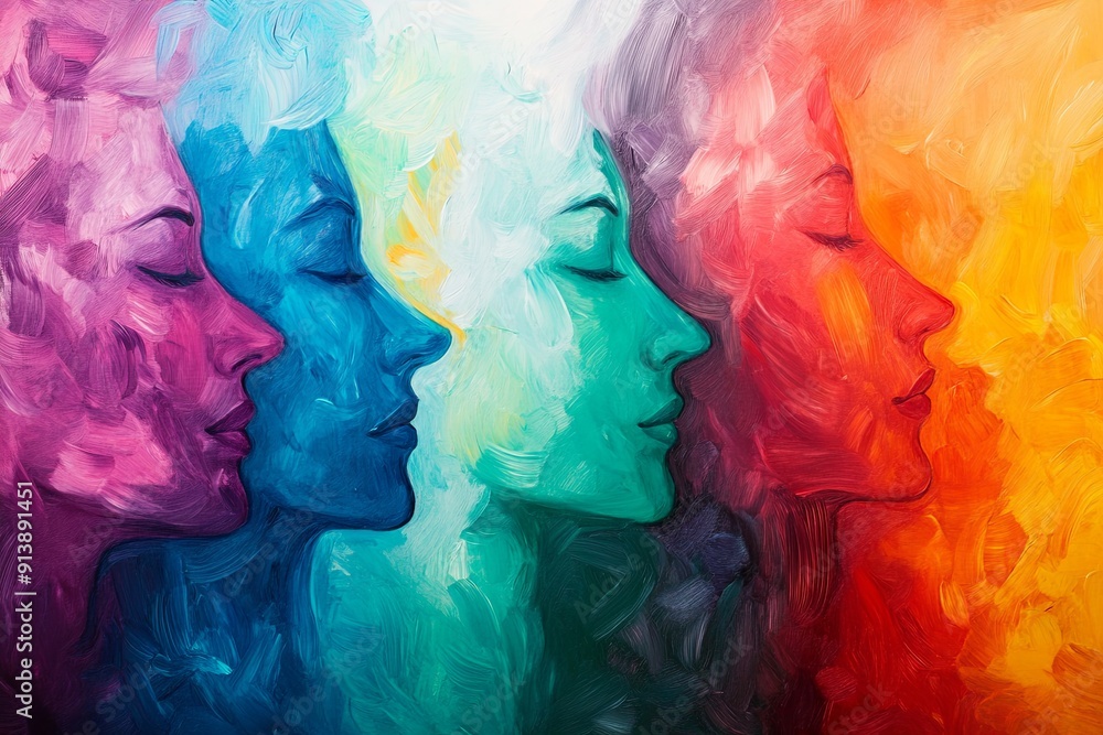 A painting of four women with different colored faces A painting of four women with different colored faces