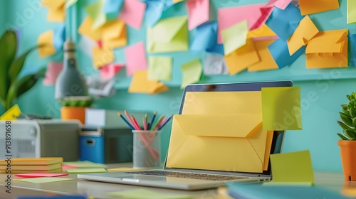 A vibrant workspace filled with colorful sticky notes, a laptop, and stationery, perfect for creativity and productivity. photo