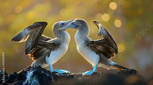 Two bluefooted boobies displaying their courtship behavior by dancing and lifting their feet in unison. photo