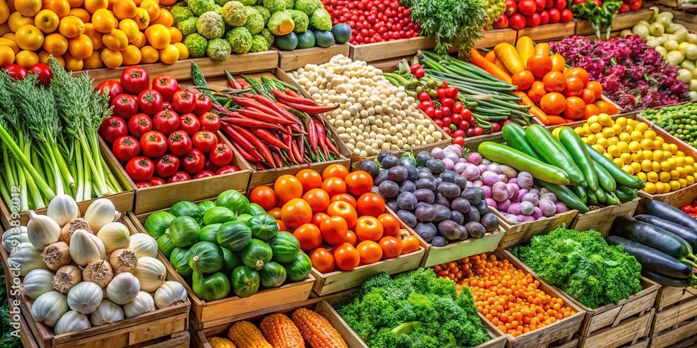 Obraz premium Fresh vegetable market display with a colorful array of produce , vegetables, market, fresh, organic, colorful, array