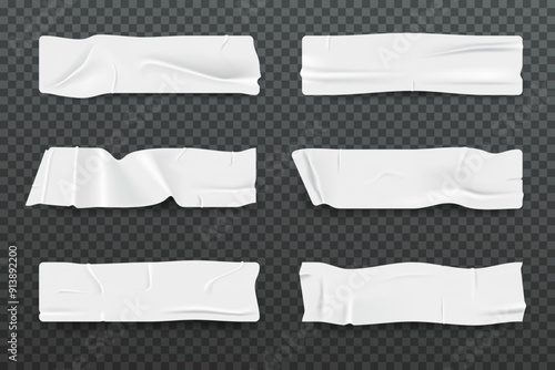 Set of rectangular glued sticker or wrinkled paper. Vector background of wet scotch or duct. Adhesive tape or crumpled duct. Cut sheet with wrinkle. Isolated piece of realistic material surface. Sheet