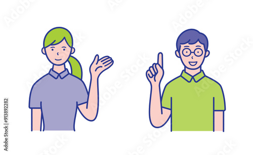 手をあげて案内する女性と指差しポーズの男性の上半身イラスト素材【セット】