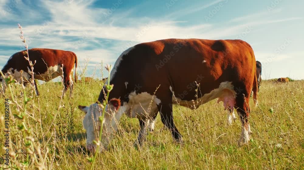 Cows Peacefully Grazing in the Warm Sunshine on a Beautiful, Lush Pasture