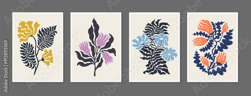 Minimalist abstract floral poster. Modern art illustration in Matisse or Scan...