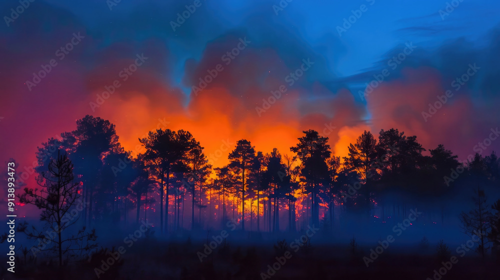 Fototapeta premium An eerie yet captivating scene depicts a dense forest engulfed in vibrant orange and blue hues, as thick smoke billows from a forest fire