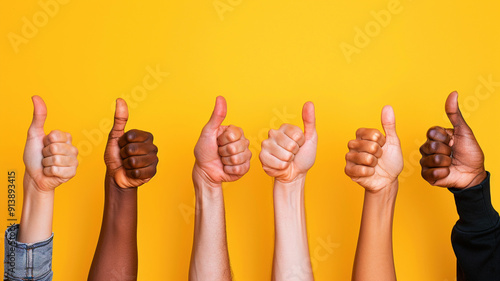 Multiracial different hands of people crowd show thump up like sigh gesture symbol hands on studio yellow background. Approvement and satisfaction concept
