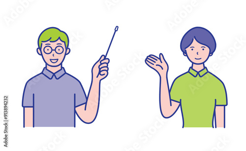 指し棒を持った男性と手をあげて案内する女性の上半身イラスト素材【セット】
