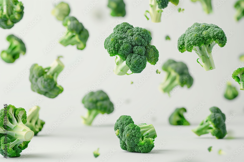 Whole Broccoli Head Suspended in Mid-Air with a White Background for Healthy Eating Concept Whole Broccoli Head Suspended in Mid-Air with a White Background for Healthy Eating Concept