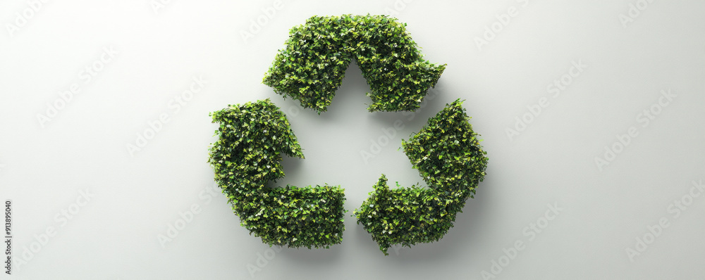 A green plant is used to create a symbol for recycling. The plant is arranged in a way that it looks like a triangle with a star in the middle A green plant is used to create a symbol for recycling. The plant is arranged in a way that it looks like a triangle with a star in the middle