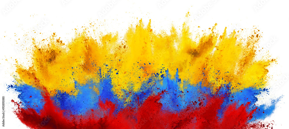 Fototapeta premium colorful flag of colombia with yellow red and blue color holi paint powder explosion isolated white background. colombian party soccer symbol travel and tourism in south america concept.