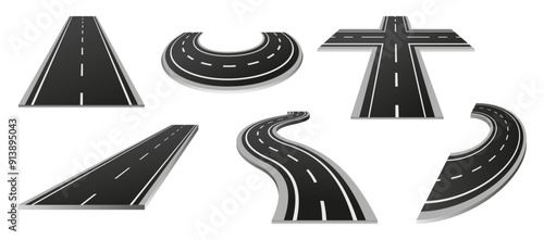 Set of street road segments. Vector asphalt crossroads. Elements for transport map design. Isolated highway or speedway turn shape. Crossroad and curve, junction perspective. Racing track corner