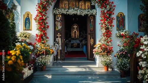 The entrance of an Orthodox church decorated with flowers and icons, welcoming parishioners inside. photo