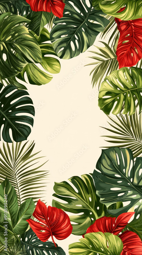 A green and red leafy plant with a red flower in the middle A green and red leafy plant with a red flower in the middle