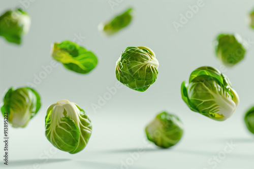 Floating Brussels Sprouts Against White Background, High-Resolution Image of Fresh and Organic Vegetables, Healthy Eating photo