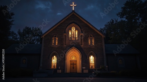 The exterior of a Roman Catholic church at night, illuminated by soft lighting.