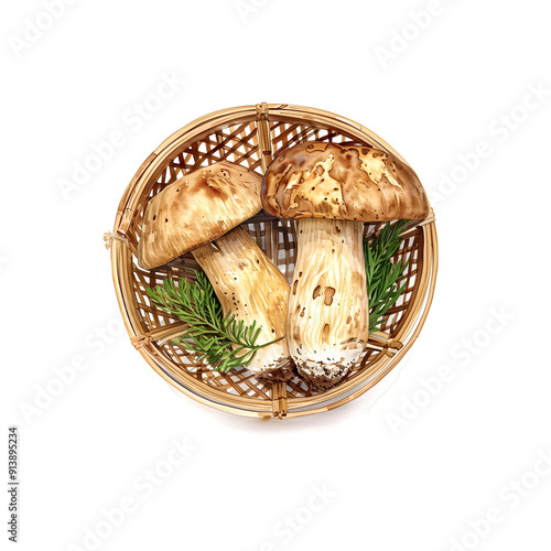 Watercolor illustration of matsutake mushroom on white background