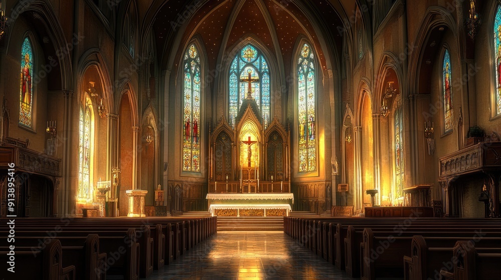 Fototapeta premium The interior of a Roman Catholic church featuring a high altar, stained glass windows, and pews.