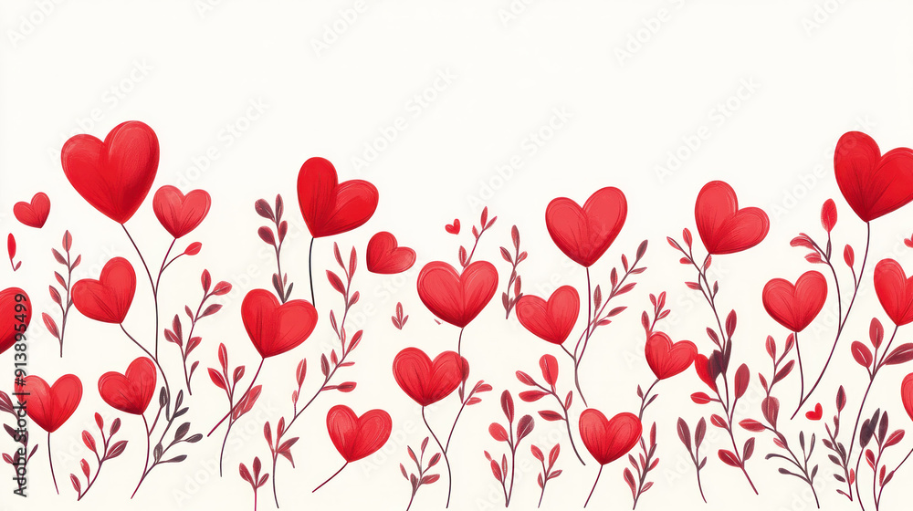 A painting of a field of red flowers with white background. The flowers are all different sizes and are scattered throughout the painting. The overall mood of the painting is one of love and romance A painting of a field of red flowers with white background. The flowers are all different sizes and are scattered throughout the painting. The overall mood of the painting is one of love and romance