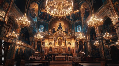 The interior of an Orthodox church featuring ornate iconostasis, chandeliers, and detailed frescoes. photo