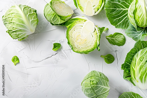 Fresh Cabbage Group and Sliced Cabbage on White Background - High-Quality Image for Food and Health Related Uses photo