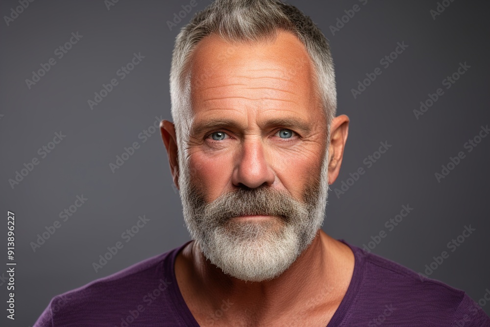 Fototapeta premium A man with a beard and gray hair is wearing a purple shirt