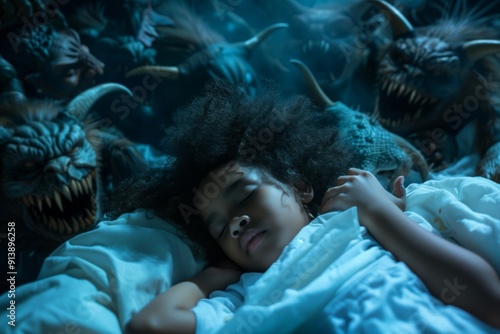 Nighttime terrors creep darkness girl sleeps bed. Innocent sleep disrupted haunting creatures stemming from nightmare. Nightmares represent battle peaceful sleep and unsettling fears.