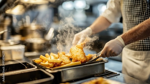 A chef preparing fish and chips in a modern kitchen, showcasing the process of battering, frying, and plating the dish.