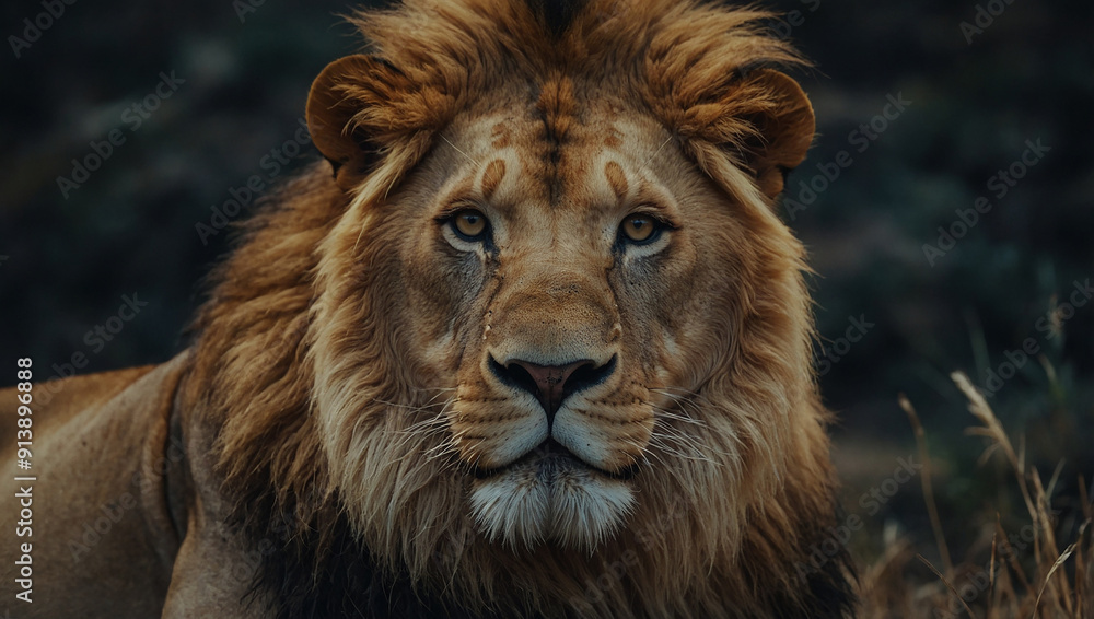 The image is a close-up portrait of a lion looking directly at the camera The image is a close-up portrait of a lion looking directly at the camera