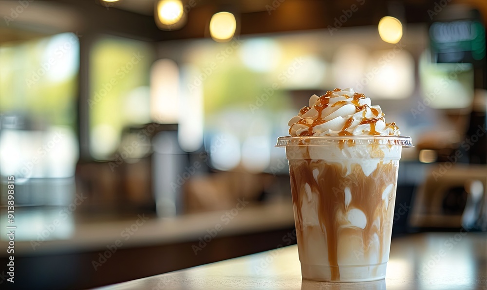A cup of ice cream with caramel sauce on top A cup of ice cream with caramel sauce on top