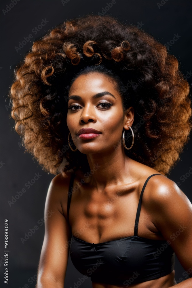 A young African-American woman with curly hair. She is wearing a black sports bra and large hoop earrings. Her hair is styled in loose curls that are cascading down her back. A young African-American woman with curly hair. She is wearing a black sports bra and large hoop earrings. Her hair is styled in loose curls that are cascading down her back.