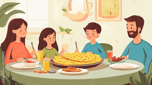 A family enjoying a breakfast together, with a large omelet placed in the center of the table.