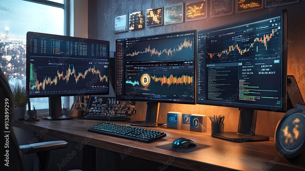 A futuristic workspace featuring multiple computer screens displaying Bitcoin market data and charts. A futuristic workspace featuring multiple computer screens displaying Bitcoin market data and charts.