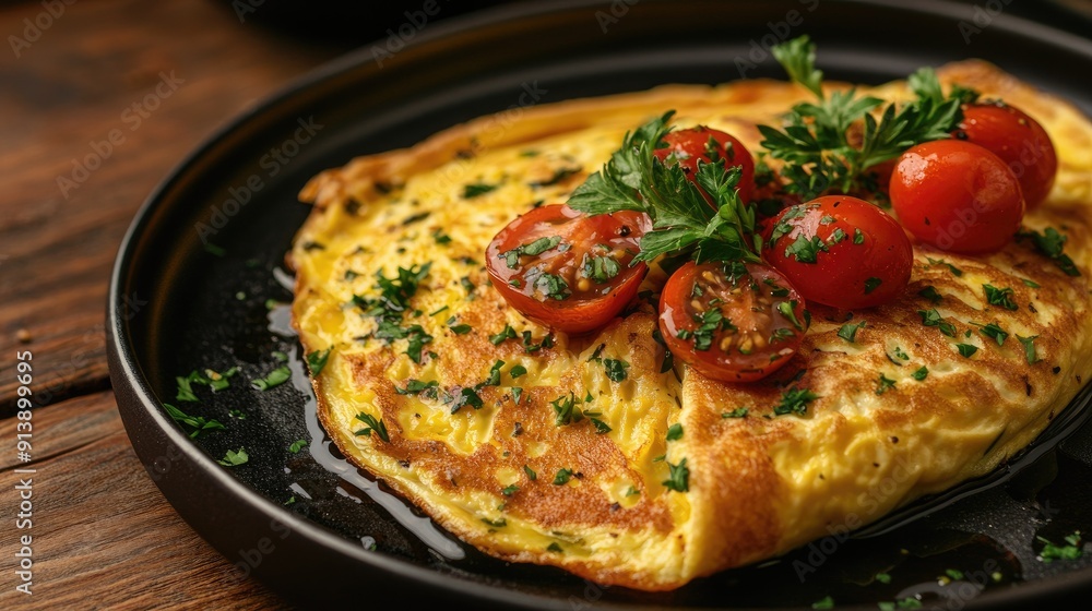 A gourmet omelet presentation with a drizzle of herb sauce, garnished with fresh parsley and cherry tomatoes. A gourmet omelet presentation with a drizzle of herb sauce, garnished with fresh parsley and cherry tomatoes.