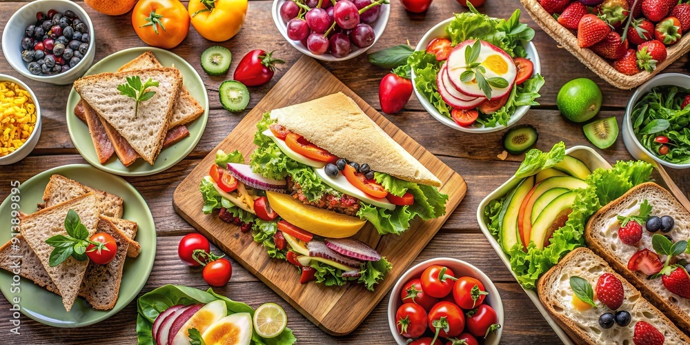 A delicious and healthy lunch spread with a variety of sandwiches, salads, and fruits, lunch, food, meal, sandwich A delicious and healthy lunch spread with a variety of sandwiches, salads, and fruits, lunch, food, meal, sandwich