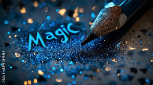 Close-up of a blue pencil tip with glitter spelling the word 