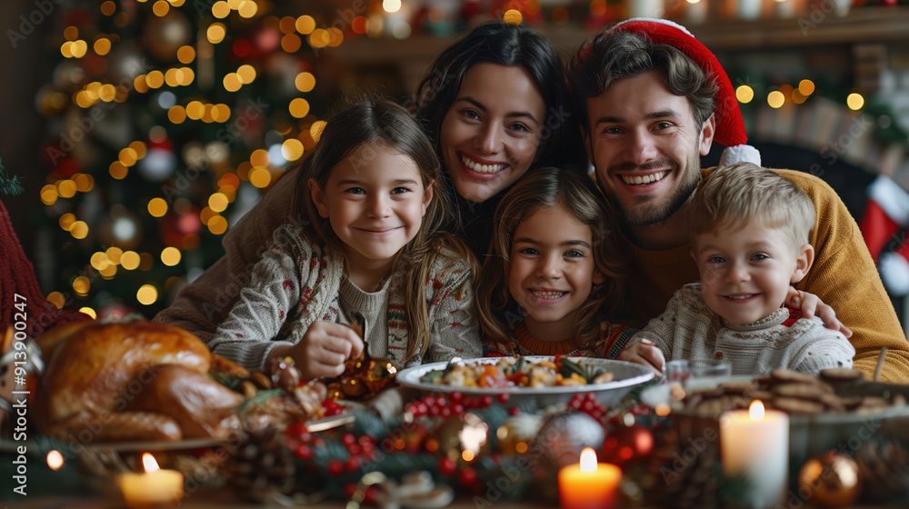 Happy family enjoying Christmas dinner at home. Beautiful happy family with child sitting together in Christmas interior. New Year. Festive mood. Holiday interior. Postcard Happy family enjoying Christmas dinner at home. Beautiful happy family with child sitting together in Christmas interior. New Year. Festive mood. Holiday interior. Postcard