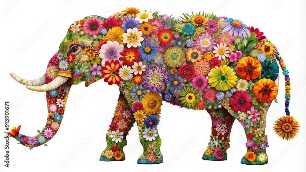 Obraz premium Abstract art collage of elephant integrated with colorful flowers, elephant, abstract, art, collage, flowers, colorful