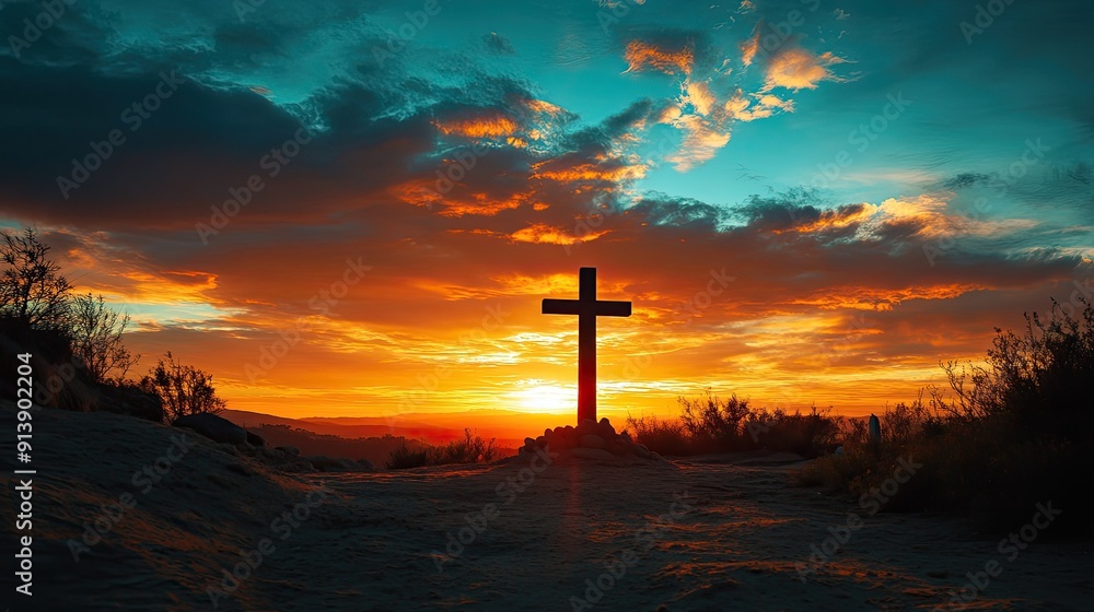 A solitary cross silhouetted against a dramatic sunset sky, symbolizing faith and hope. A solitary cross silhouetted against a dramatic sunset sky, symbolizing faith and hope.