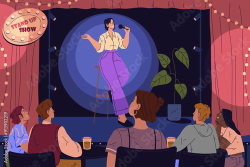Vector woman comedian at stand up show. Female at comedy event or open mic performance, laughter entertainment or standup concert. Night live joke scene with audience. Public speaker or artist