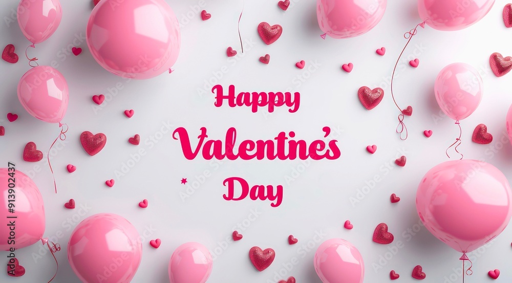 Pink balloons and hearts as frame and text Happy Valentine's Day in the middle on white background. Pink balloons and hearts as frame and text Happy Valentine's Day in the middle on white background.