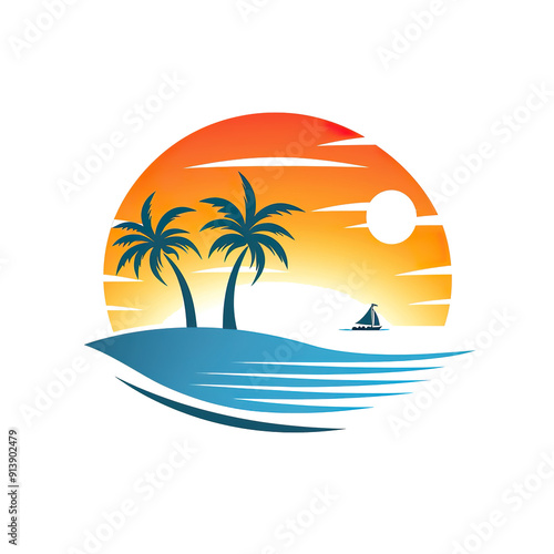Tropical Sunset with Palm Trees and Sailboat on the Ocean, generative ai image